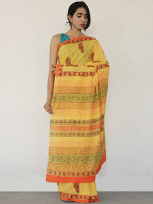 Yellow Orange Green Hand Block Printed Cotton Mul Saree - S03170001