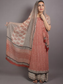 Red Beige Black Hand Block Printed Cotton Suit-Salwar Fabric With Chiffon Dupatta - S1628035