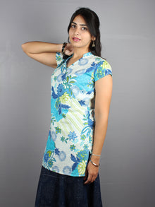 White Blue Hand Block Printed Shirt- S3517025