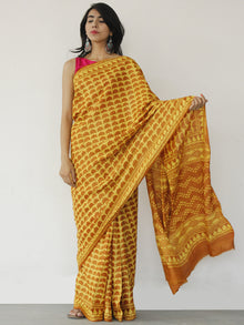 Tussar Handloom Silk Hand Block Printed Saree in Yellow & Rust - S031702538