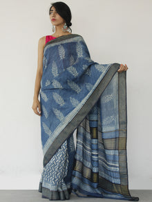 Tussar Handloom Silk Hand Block Printed Saree in Indigo Ivory - S031702542