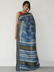 Tussar Handloom Silk Hand Block Printed Saree in Indigo Ivory - S031702542