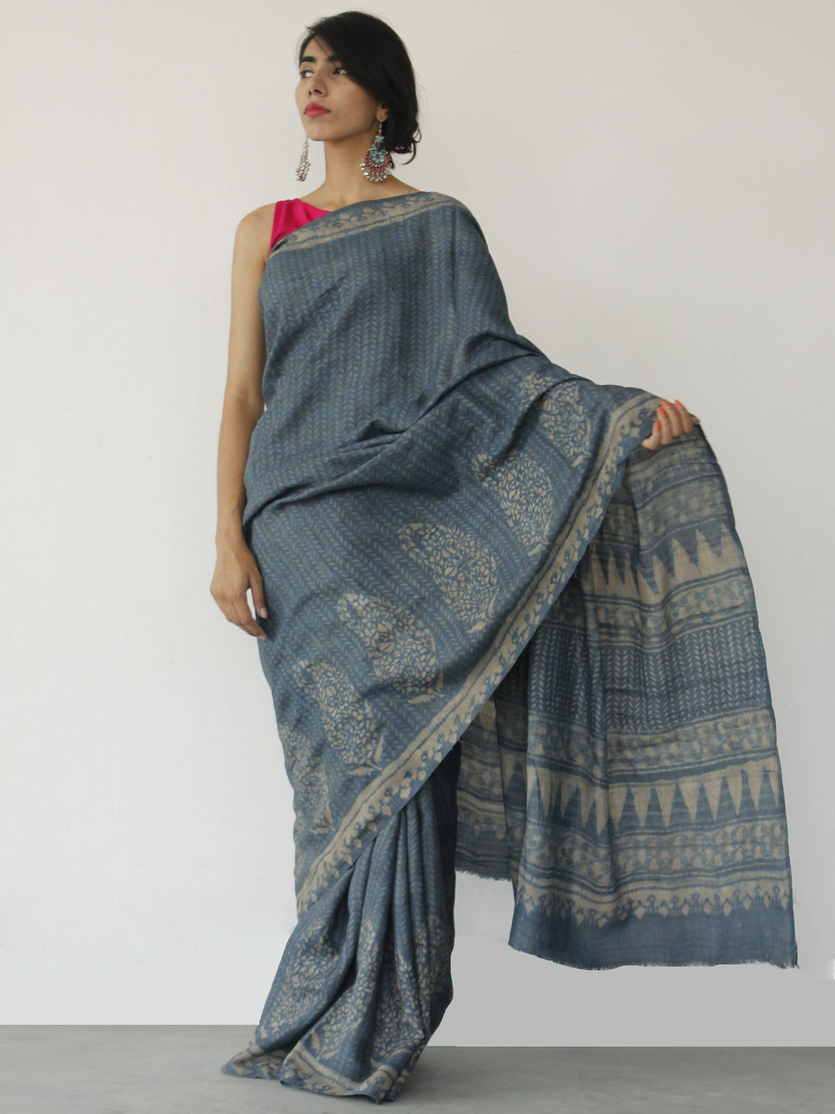 Tussar Handloom Silk Hand Block Printed Saree in Metallic Blue Beige - S031702544