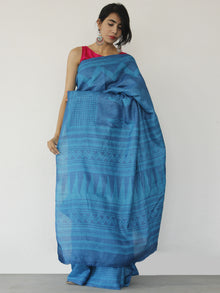 Tussar Handloom Silk Hand Block Printed Saree in Metallic Blue - S031702546