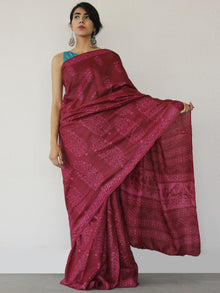 Tussar Handloom Silk Hand Block Printed Saree in Maroon Pink - S031702549