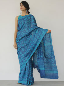 Tussar Handloom Silk Hand Block Printed Saree in Metallic Blue Indigo - S031702550