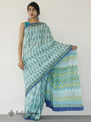 Arctic Blue Green Hand Block Printed Cotton Mul Saree - S031702523