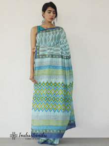 Arctic Blue Green Hand Block Printed Cotton Mul Saree - S031702523