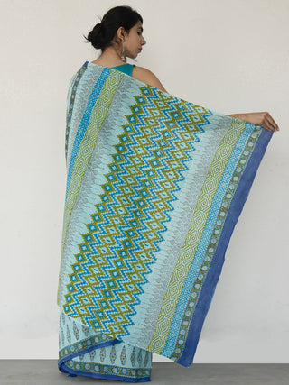 Arctic Blue Green Hand Block Printed Cotton Mul Saree - S031702523