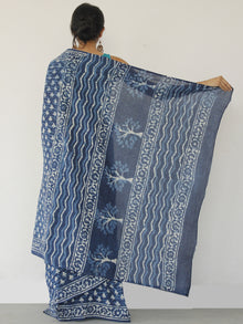 Indigo Ivory Hand Block Printed Cotton Saree In Natural Colors - S031702529
