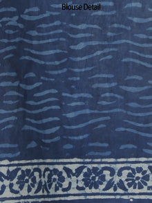 Indigo Ivory Hand Block Printed Cotton Saree In Natural Colors - S031702529