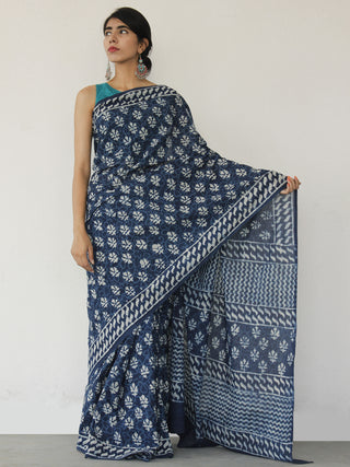 Indigo White Hand Block Printed Cotton Saree In Natural Colors - S031702519