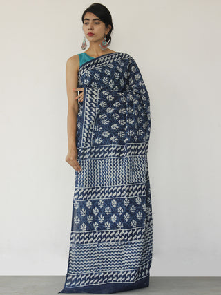 Indigo White Hand Block Printed Cotton Saree In Natural Colors - S031702519