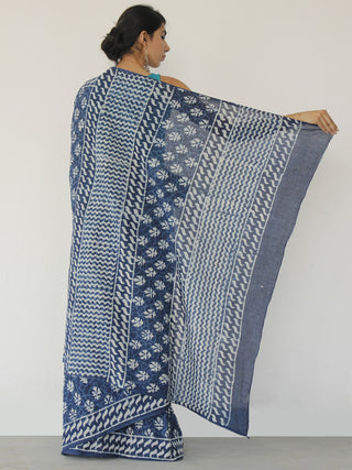 Indigo White Hand Block Printed Cotton Saree In Natural Colors - S031702519