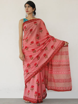 Dark Peach Pink Green Hand Block Printed Cotton Mul Saree - S031702520
