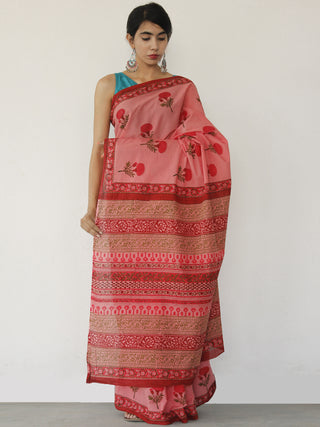 Dark Peach Pink Green Hand Block Printed Cotton Mul Saree - S031702520