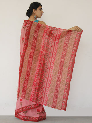 Dark Peach Pink Green Hand Block Printed Cotton Mul Saree - S031702520