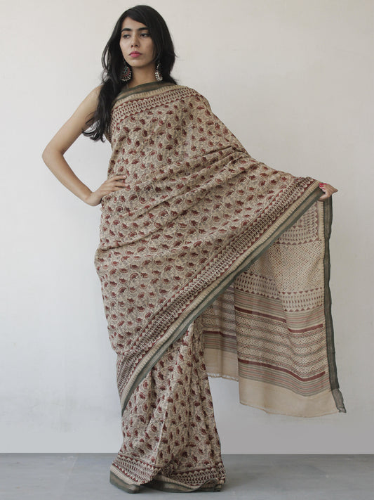 Beige Maroon Black Green Handloom Cotton Hand Block Printed Saree in Natural Dyes - S031702491