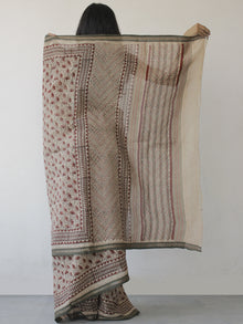 Beige Maroon Black Green Handloom Cotton Hand Block Printed Saree in Natural Dyes - S031702491