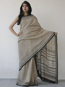 Beige Black Green Handloom Cotton Hand Block Printed Saree in Natural Dyes - S031702494