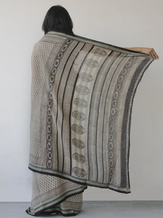 Beige Black Green Handloom Cotton Hand Block Printed Saree in Natural Dyes - S031702494
