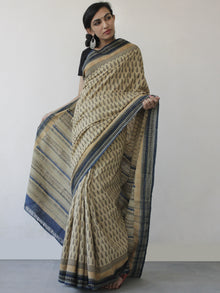 Beige Black Blue Handloom Cotton Hand Block Printed Saree in Natural Dyes - S031702495