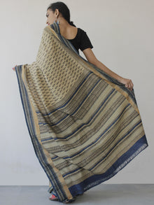 Beige Black Blue Handloom Cotton Hand Block Printed Saree in Natural Dyes - S031702495