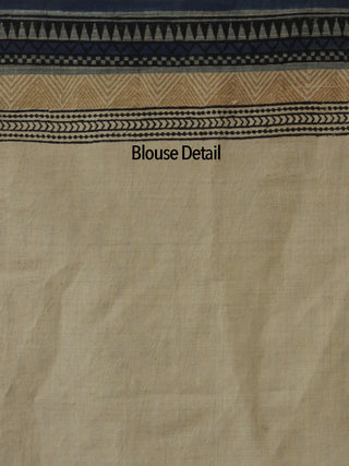 Beige Black Blue Handloom Cotton Hand Block Printed Saree in Natural Dyes - S031702495