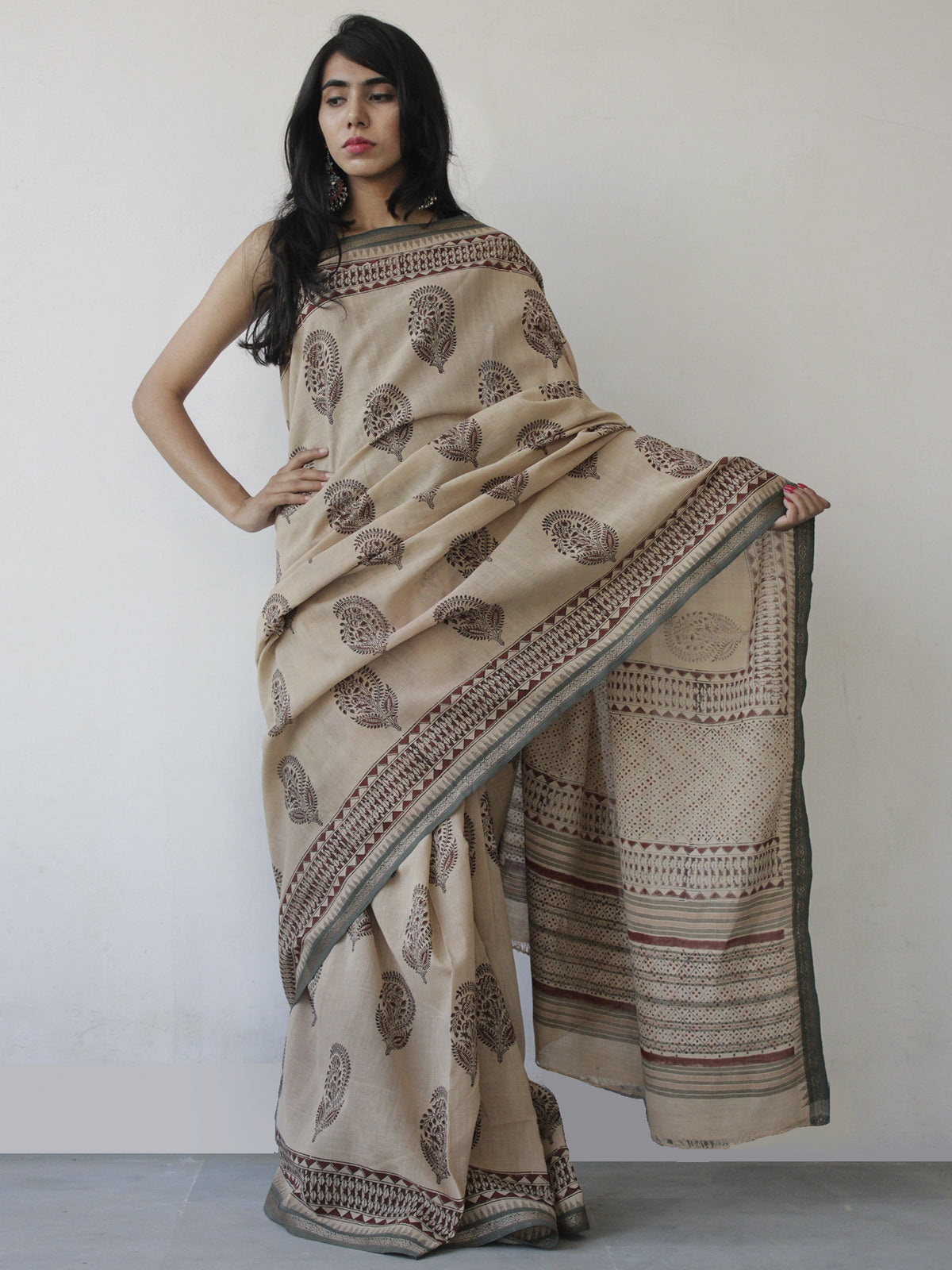 Beige Maroon Black Handloom Cotton Hand Block Printed Saree in Natural Dyes - S031702496