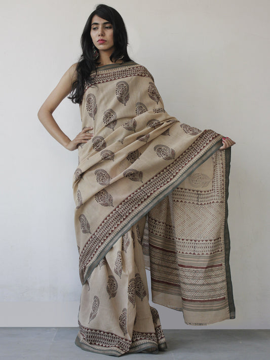 Beige Maroon Black Handloom Cotton Hand Block Printed Saree in Natural Dyes - S031702496