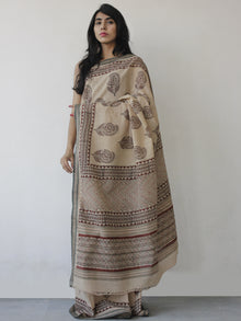 Beige Maroon Black Handloom Cotton Hand Block Printed Saree in Natural Dyes - S031702496