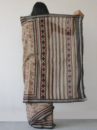 Beige Maroon Black Handloom Hand Block Printed Handloom Saree in Natural Dyes - S031702500