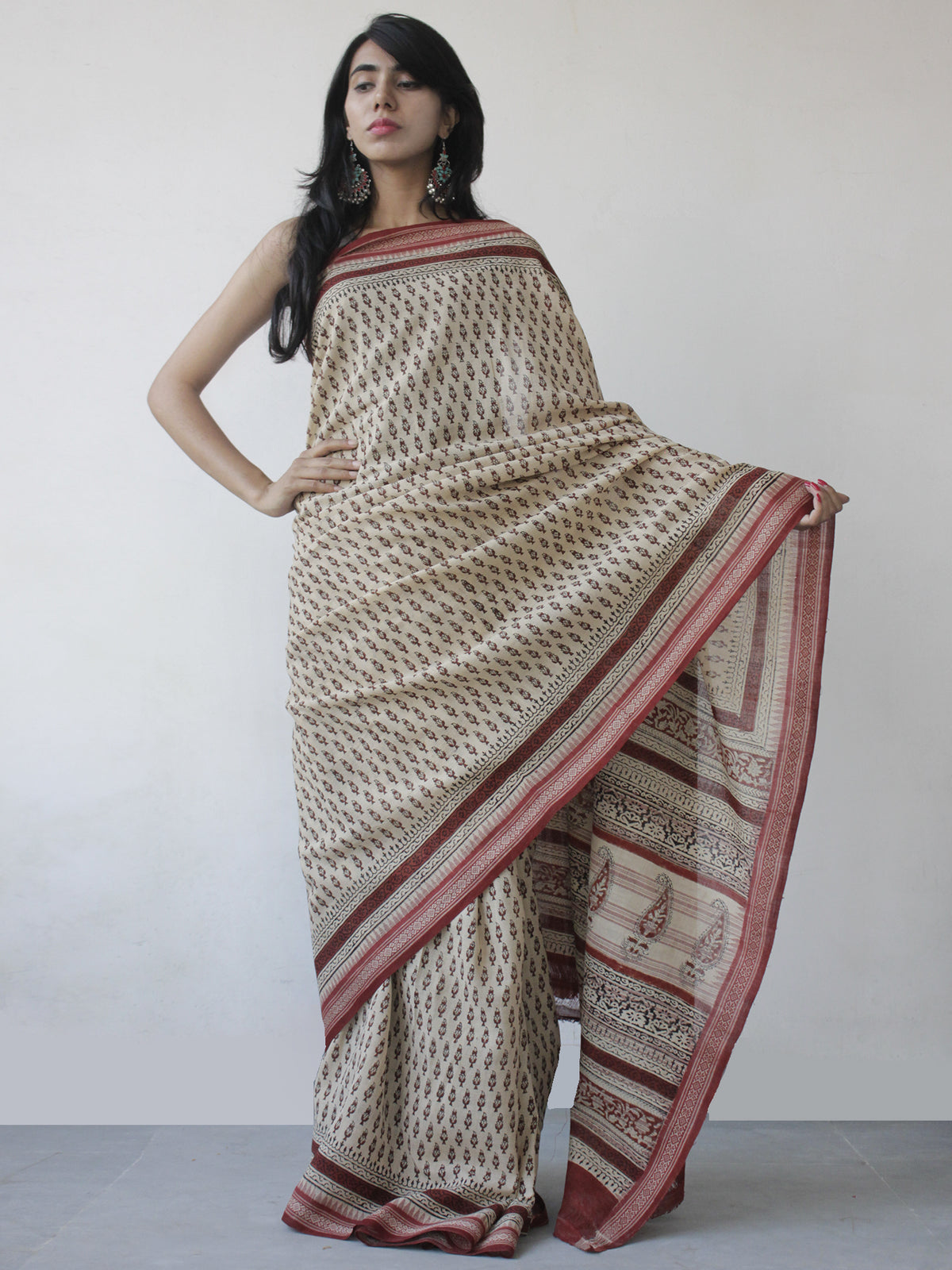 Beige Rust Maroon Black Handloom Cotton Hand Block Printed Handloom Saree in Natural Dyes - S031702502