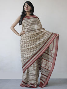 Beige Rust Maroon Black Handloom Cotton Hand Block Printed Handloom Saree in Natural Dyes - S031702502