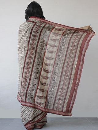 Beige Rust Maroon Black Handloom Cotton Hand Block Printed Handloom Saree in Natural Dyes - S031702502