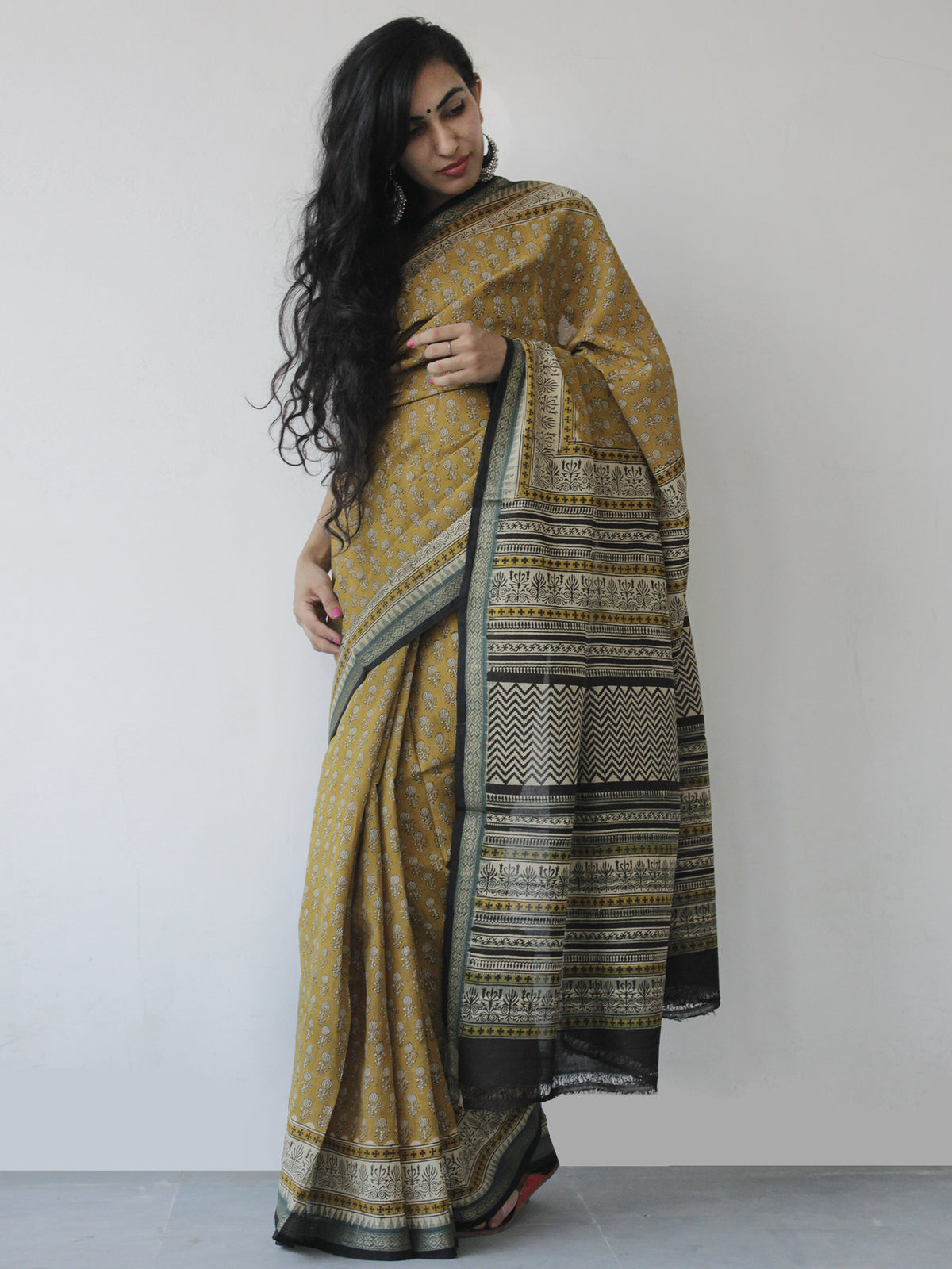 Mustard Black Green Handloom Cotton Hand Block Printed Handloom Saree in Natural Dyes - S031702508