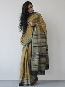 Mustard Black Green Handloom Cotton Hand Block Printed Handloom Saree in Natural Dyes - S031702508