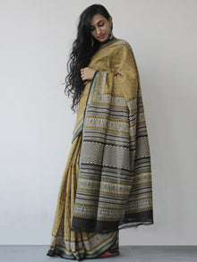 Mustard Black Green Handloom Cotton Hand Block Printed Handloom Saree in Natural Dyes - S031702508