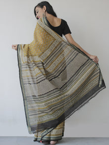 Mustard Black Green Handloom Cotton Hand Block Printed Handloom Saree in Natural Dyes - S031702508