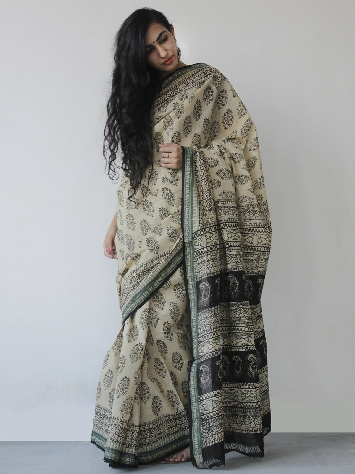 Beige Green Black Handloom Hand Block Printed Handloom Saree in Natural Dyes - S031702512