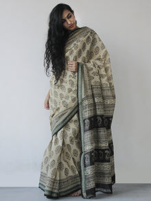 Beige Green Black Handloom Hand Block Printed Handloom Saree in Natural Dyes - S031702512