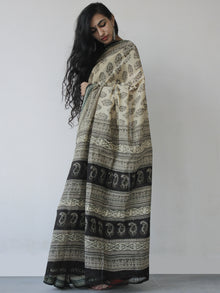 Beige Green Black Handloom Hand Block Printed Handloom Saree in Natural Dyes - S031702512
