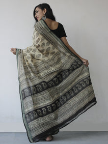 Beige Green Black Handloom Hand Block Printed Handloom Saree in Natural Dyes - S031702512