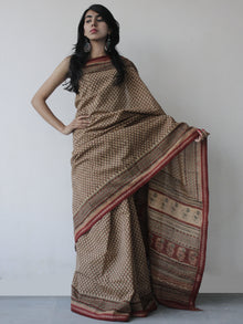 Maroon Brown Green Handloom Cotton Hand Block Printed Handloom Saree in Natural Dyes - S031702515
