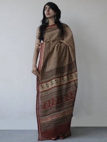 Maroon Brown Green Handloom Cotton Hand Block Printed Handloom Saree in Natural Dyes - S031702515