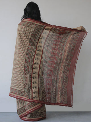 Maroon Brown Green Handloom Cotton Hand Block Printed Handloom Saree in Natural Dyes - S031702515
