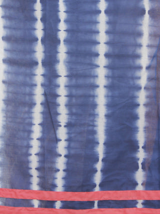 Indigo White Hand Shibori Dyed Saree With Peach Border & Tassels - S031702562