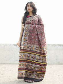 Tussar Handloom Silk Hand Block Printed Saree in Plum Teal blue Black & Ivory  - S031702567
