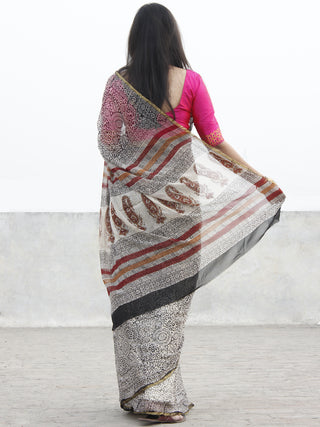 Beige Black Hand Block Printed Chiffon Saree with zari border- S031702567