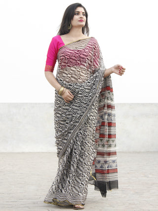 Beige Black Hand Block Printed Chiffon Saree With Zari Border- S031702568